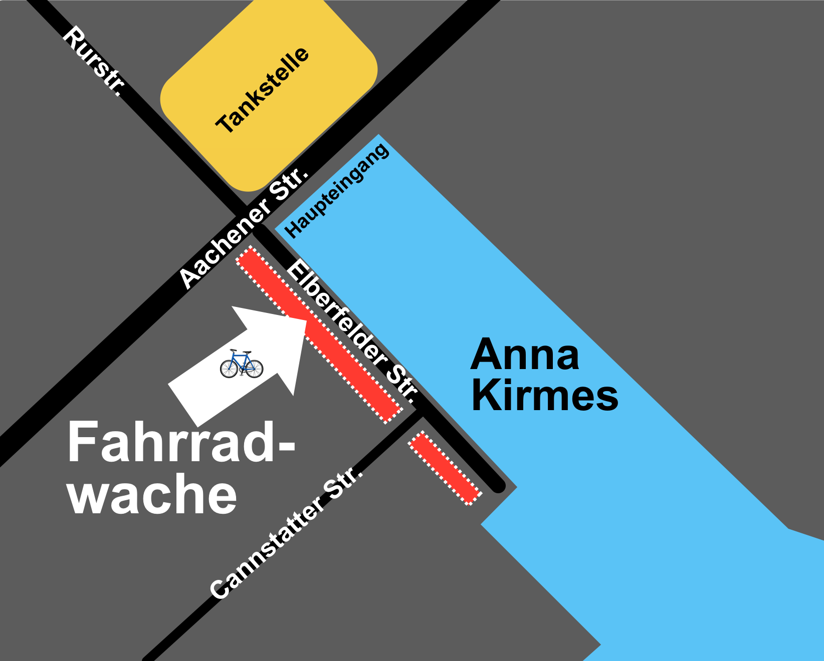 Lageplan: Fahrradwache auf der Elberfelder Straße, direkt an der Aachener Straße beim Haupteingang der Annakirmes